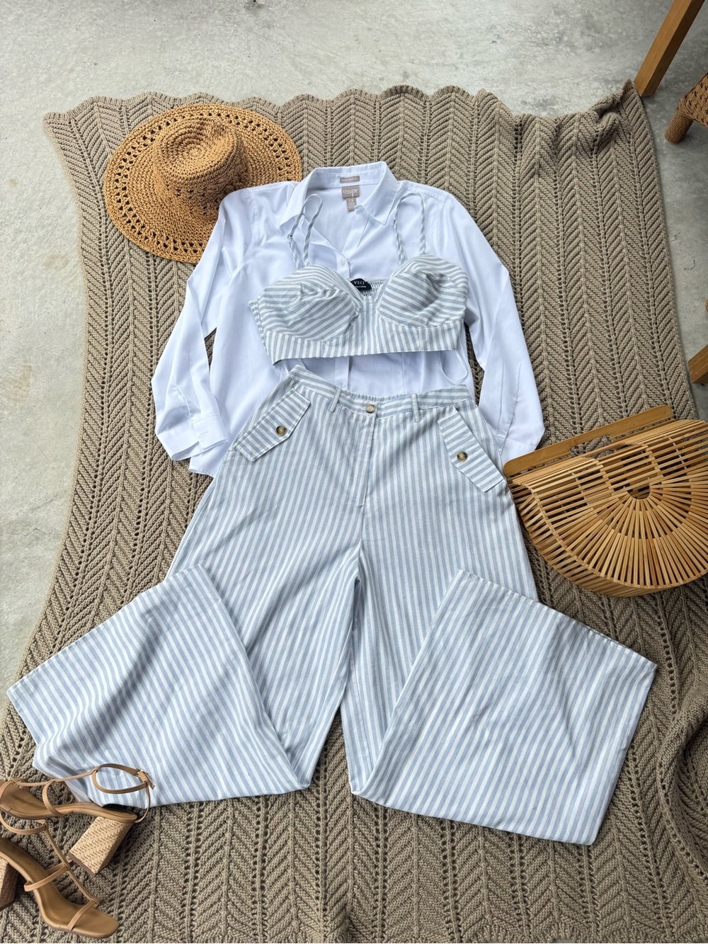 VICI Blue White Stripe Two Piece Set L XL Coastal Resort Wide leg pants - Picture 2 of 12